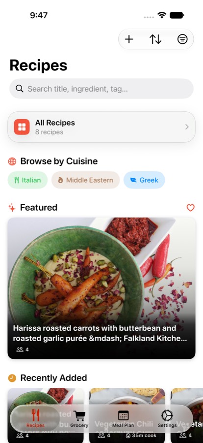 The MiseTable Recipes tab showing browse-by-cuisine chips and a featured recipe.